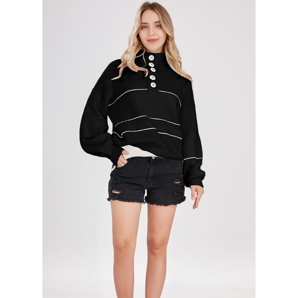 Women's Waffle Knit Sweater Oversized Striped Pullover Turtleneck Casual - Picture 6 of 6